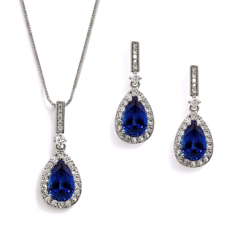Sapphire Cz Pear Shaped Necklace & Earrings Jewelry Set